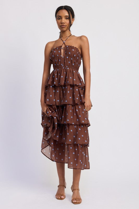Brown Polka Dot Tiered Ruffle Maxi Halter Dress