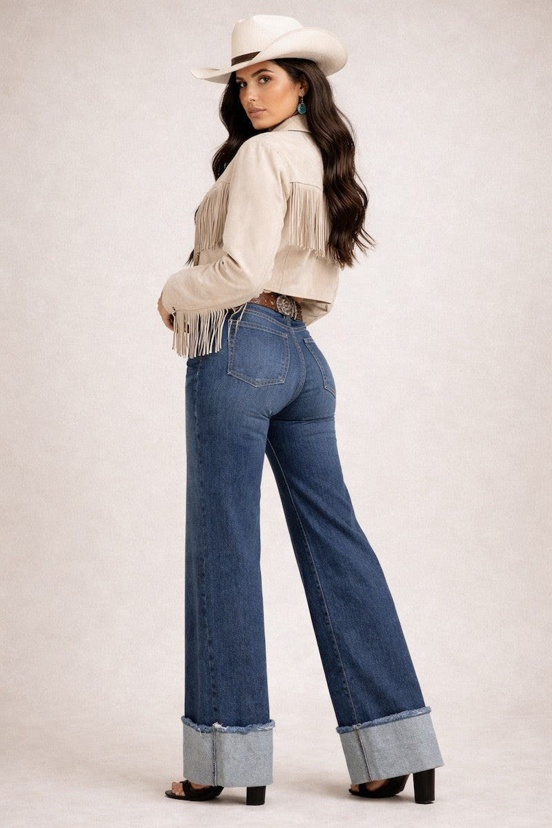 Dark Wash Low Rise Cuffed Wide Leg Jean