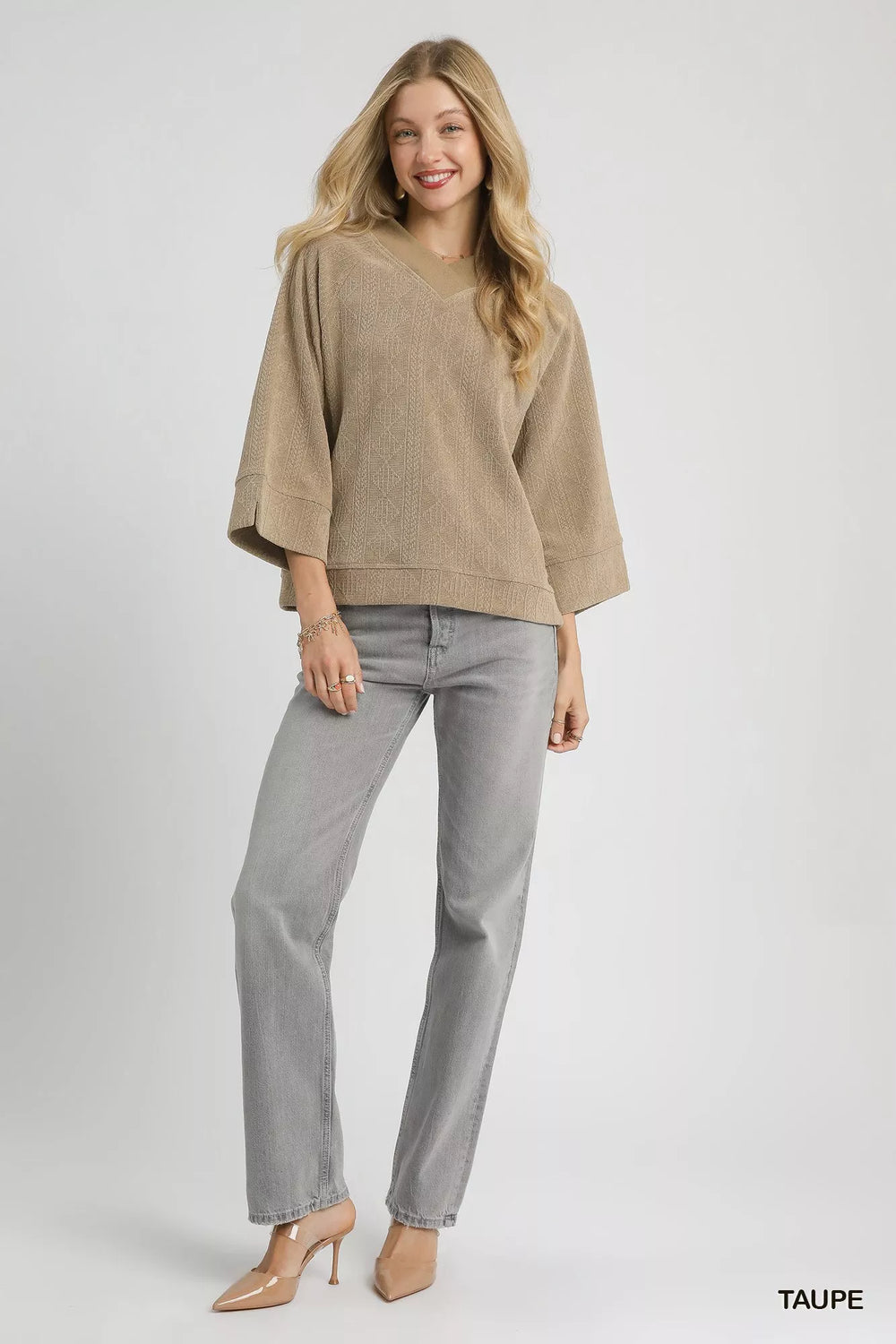 Taupe Umgee Textured Knit V Neck Top
