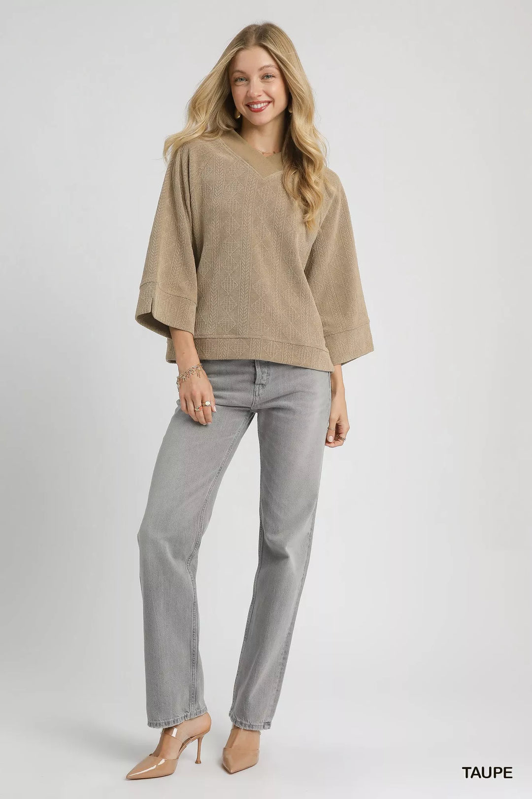 Taupe Umgee Textured Knit V Neck Top