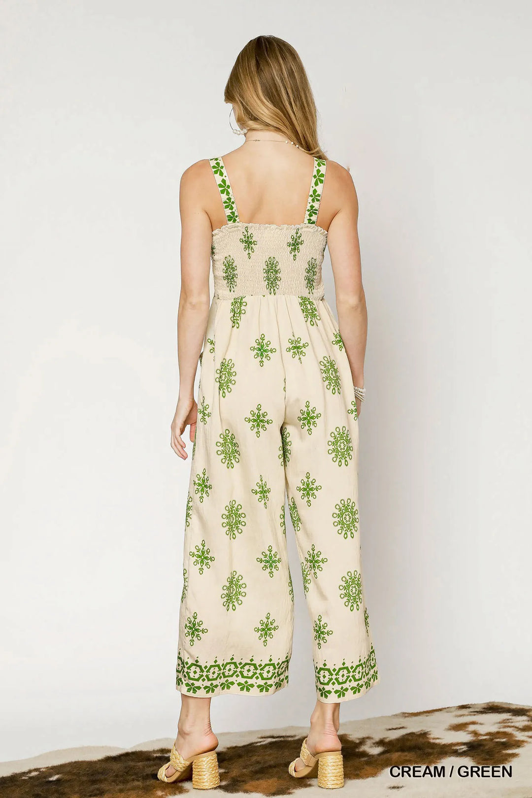 Cream / Green Umgee Smocked Printed Wide Leg Jumpsuit 1