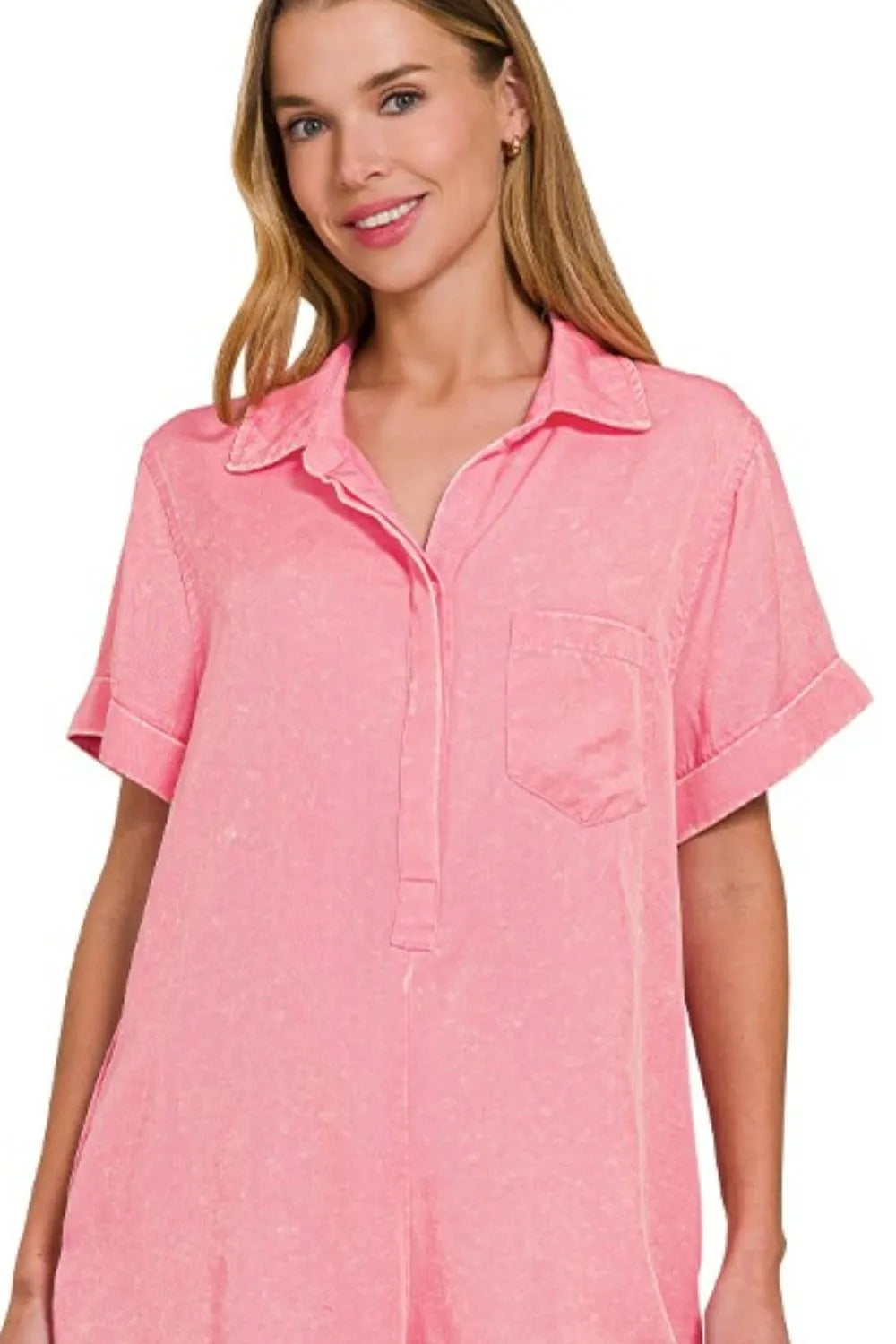 Dk Pink Zenana Tencel Mineral Washed Half Button Shirts Romper