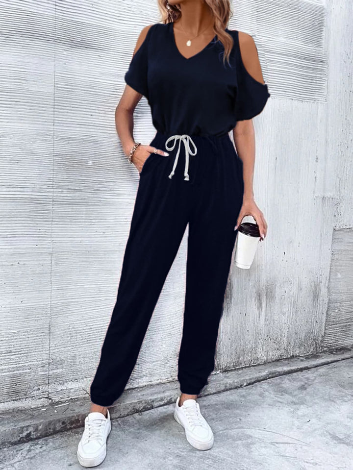 Dark Blue V Neck Cold Shoulder Jumpsuit With Pockets
