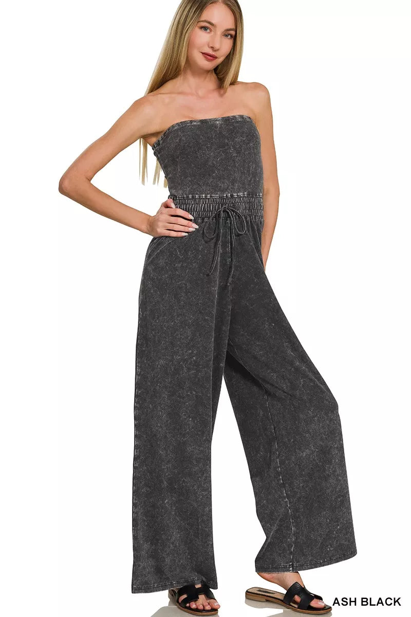 Ash Black Zenana Acid Washed Strapless Tube Top Jumpsuit 3