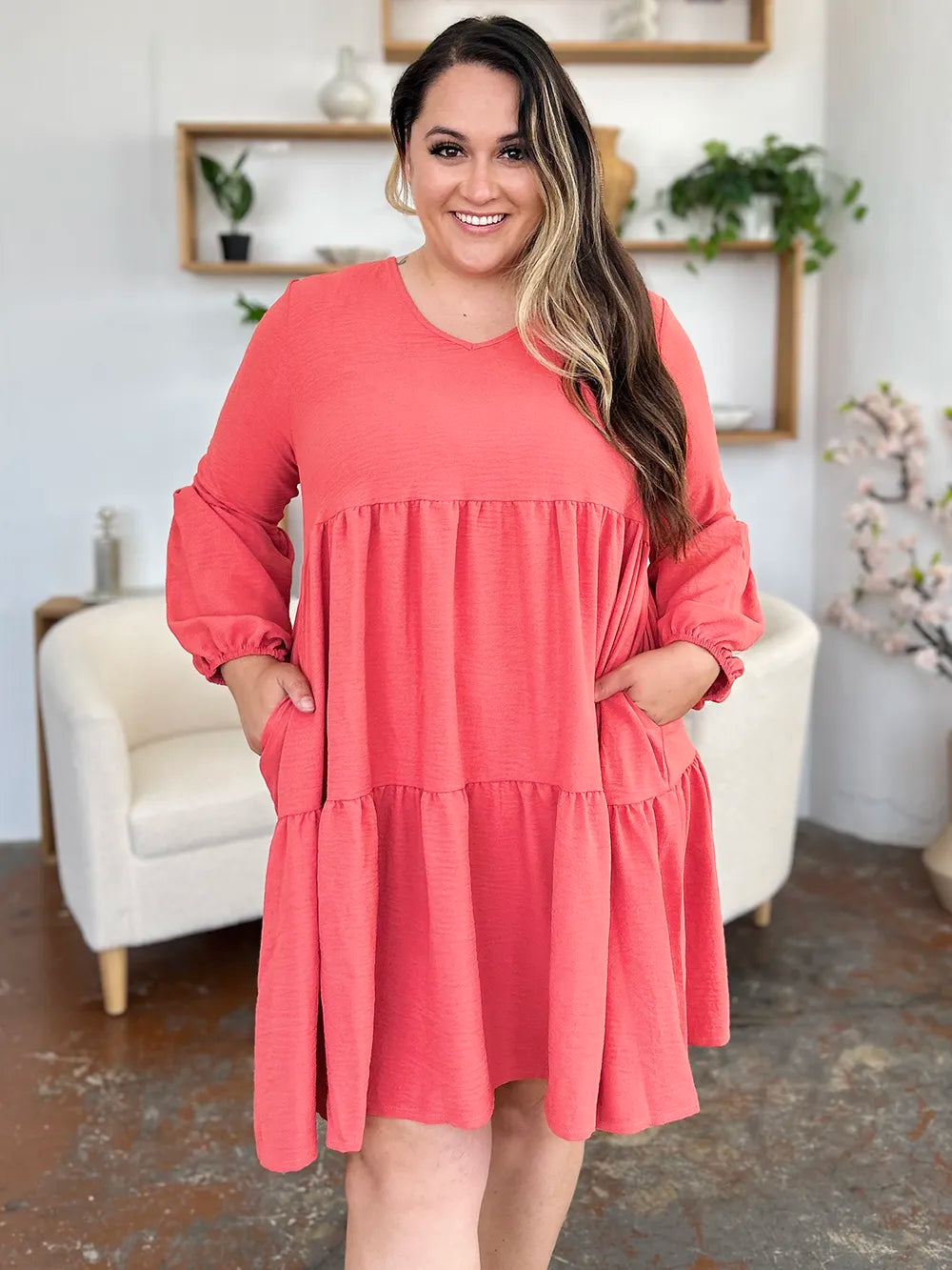 Coral Double Take Full Size V Neck Balloon Sleeve Tiered Dress With Pockets