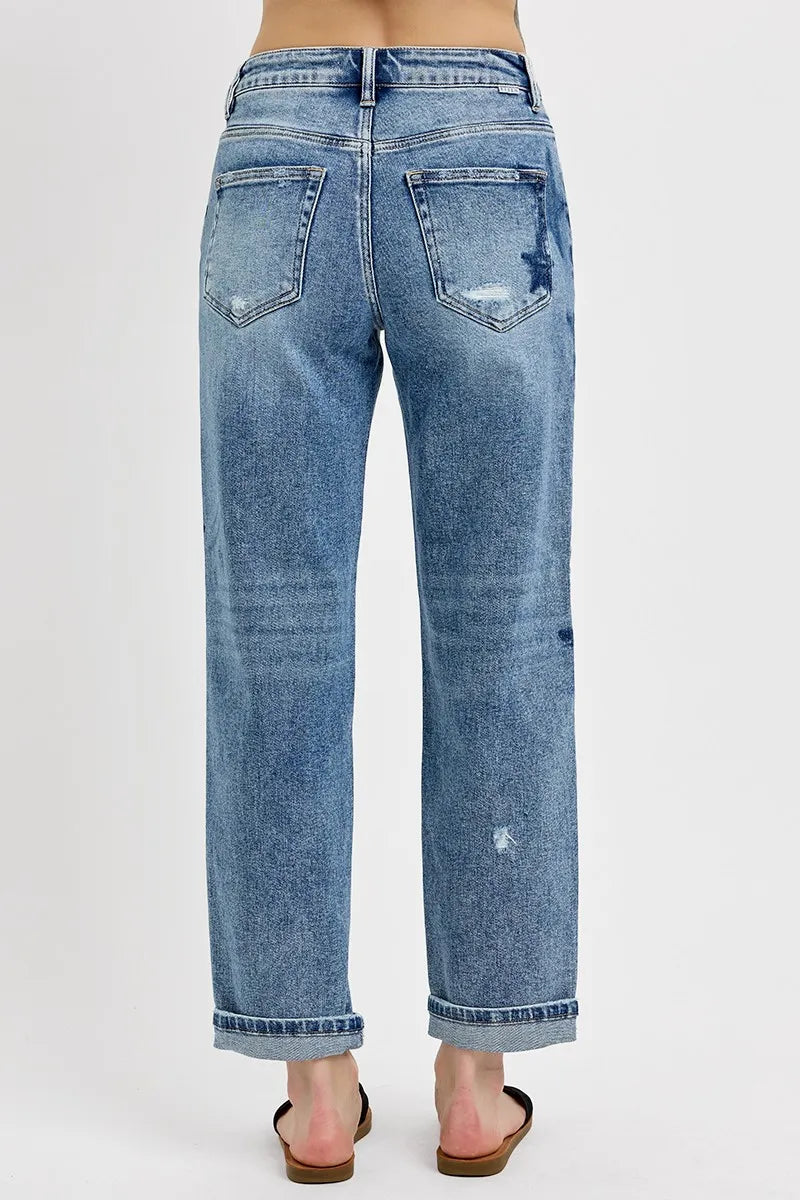 Medium Risen Full Size Mid Rise Boyfriend Star Shadow Detail Cuffed Jeans Plus Size