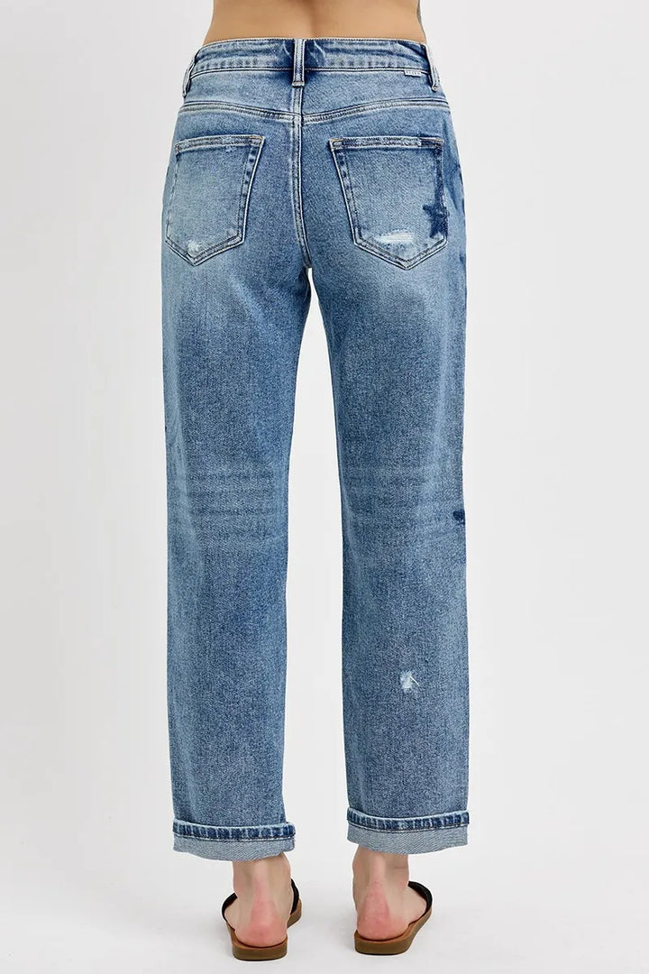 Medium Risen Full Size Mid Rise Boyfriend Star Shadow Detail Cuffed Jeans Plus Size