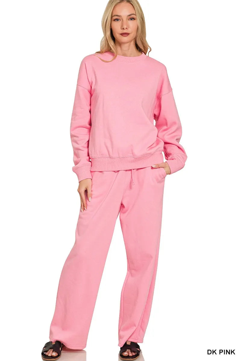Dk Pink Zenana Fleece Long Sleeve Top And Sweatpants Set