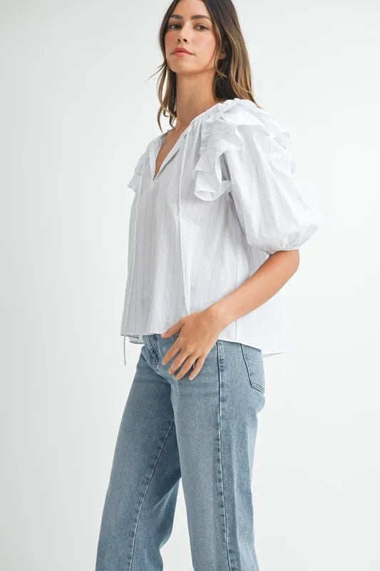 Mable Stripe Ruffle Shoulder Puff Sleeve Blouse