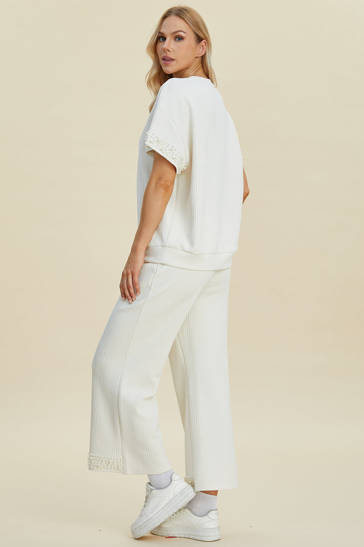 Black Double Take Full Size Pearl Detail Round Neck Top And Pants Set