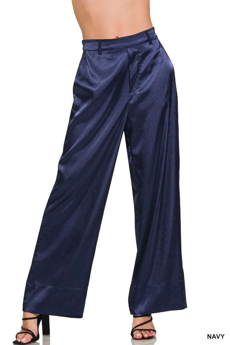 Navy Zenana Wide Leg Satin Pants