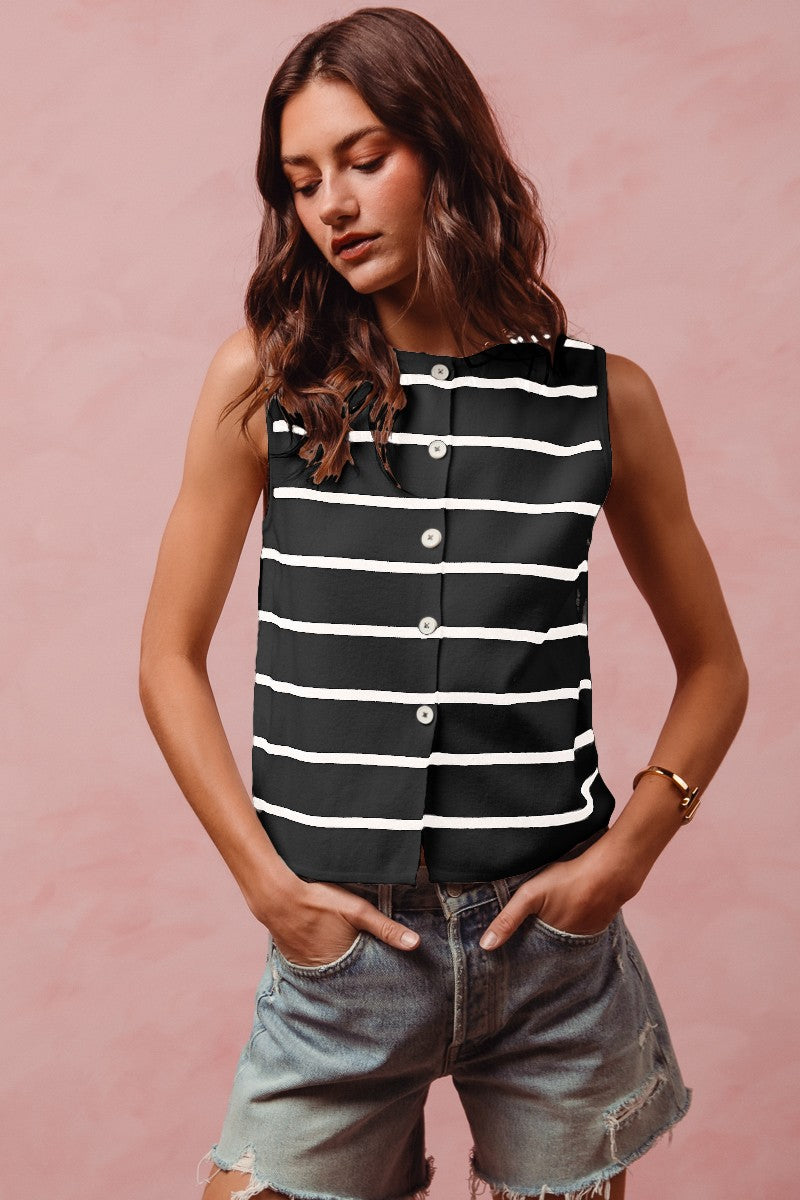 Black/Off White So Me Button Front Stripe Fine Sweater Sleeveless Top