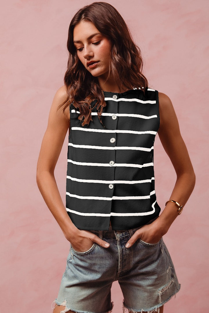Black/Off White So Me Button Front Stripe Fine Sweater Sleeveless Top