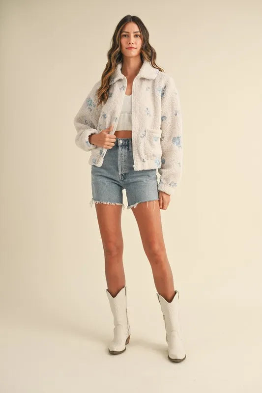 Mable Floral Embroidered Fleece Teddy Jacket