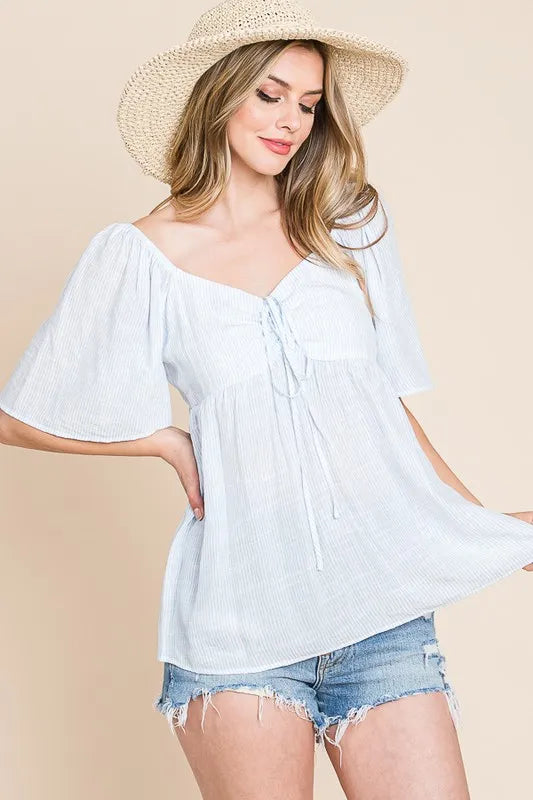 Sky Blue Lime N Chili Thin Striped With Tie Front Babydoll Top
