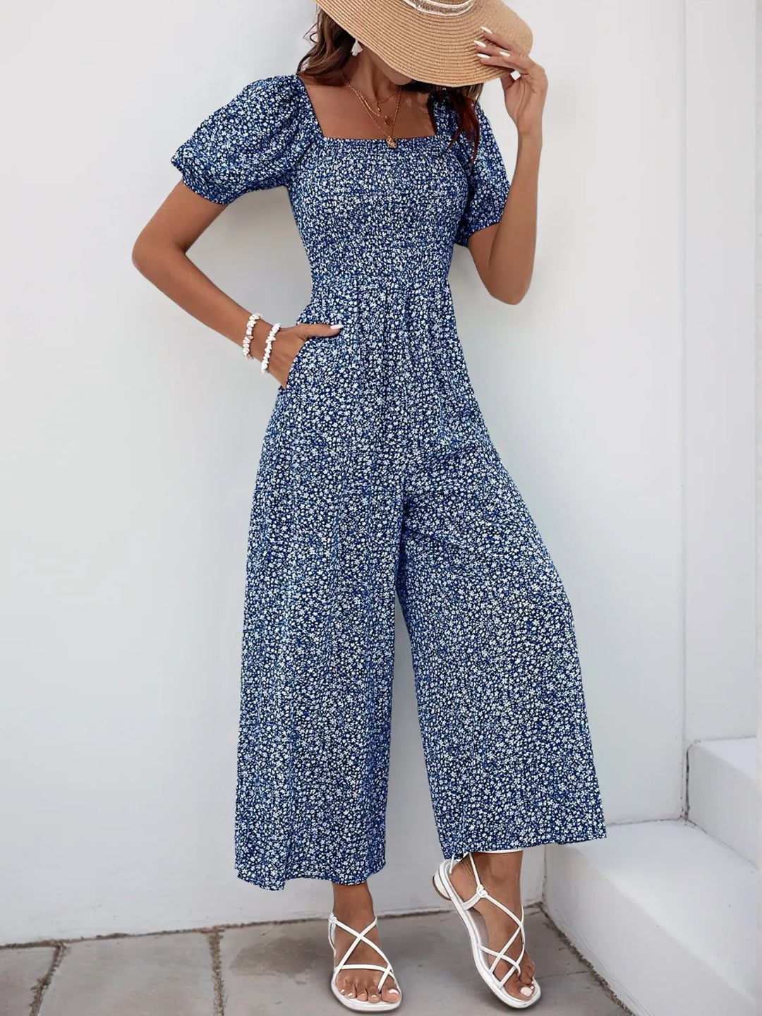 Printed Square Neck Puff Sleeve Jumpsuit 1