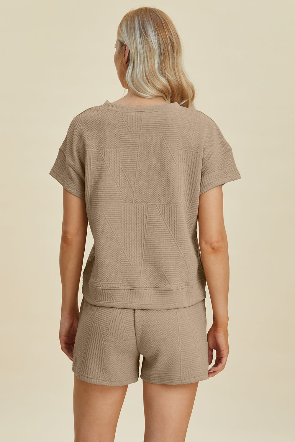 Gray Double Take Full Size Texture Short Sleeve Top And Shorts Set