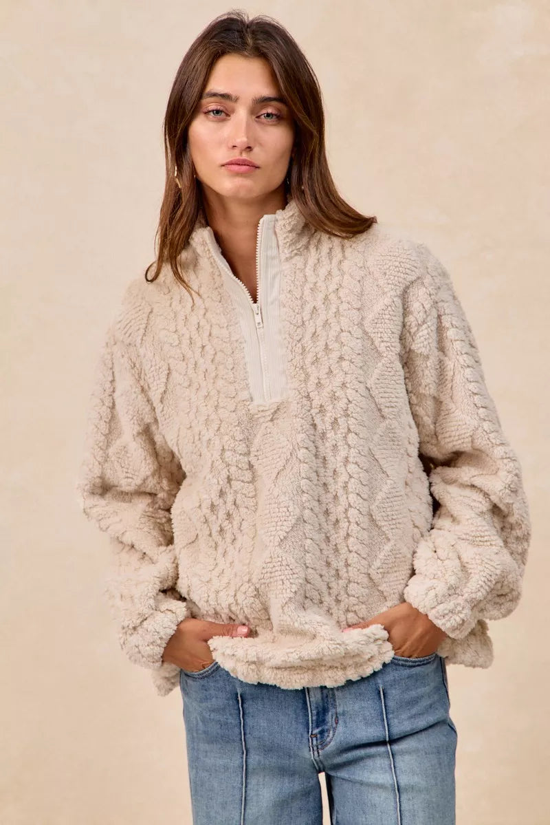 Bibi Patterned Soft Fleece Half Zip Up Top