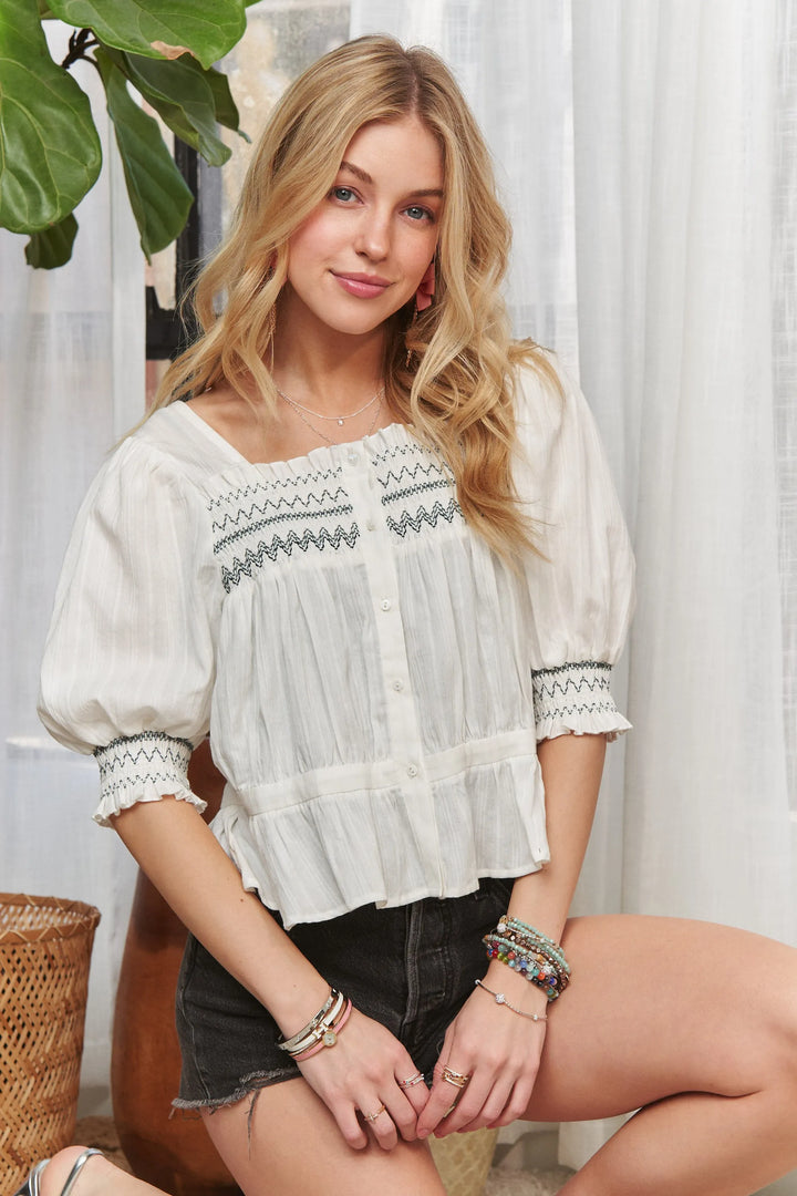 White Adora Smocked Puff Sleeve Peasant Blouse
