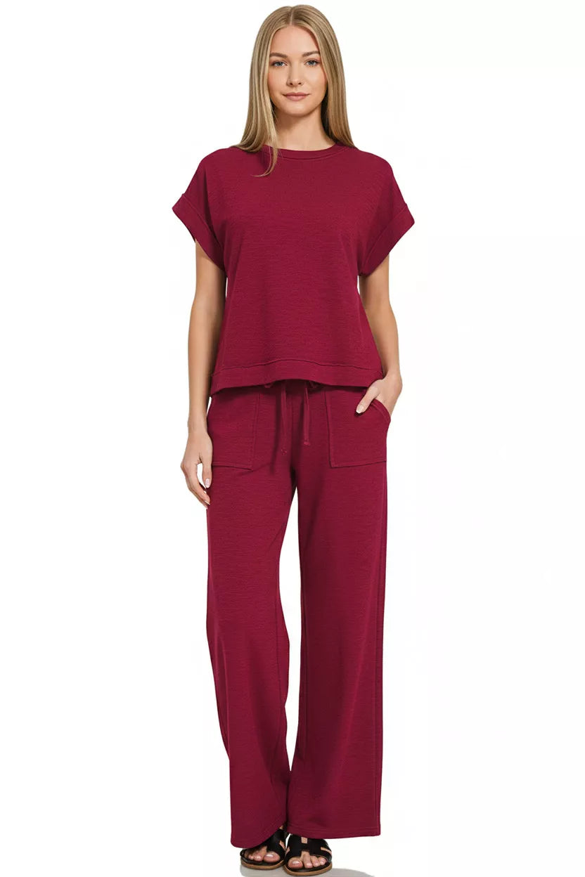 Cabernet Zenana Cotton Slub Short Sleeve Tee And Pants Set 3