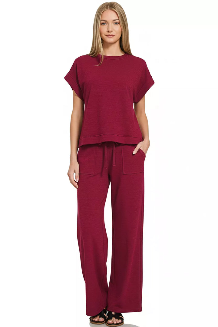 Cabernet Zenana Cotton Slub Short Sleeve Tee And Pants Set 3