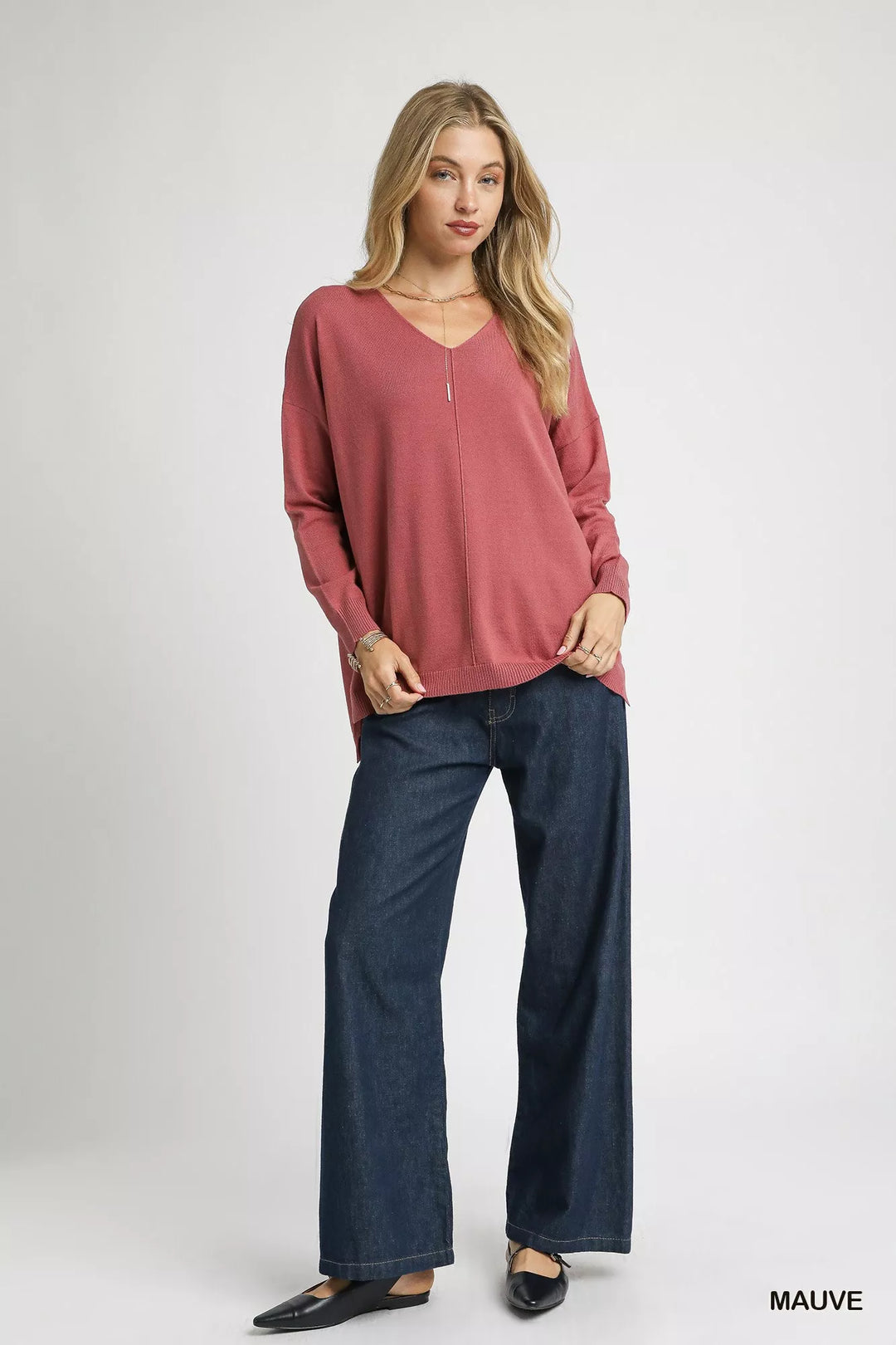 Mauve Umgee V Neck High Low Hem Knit Top With Side Slit 1