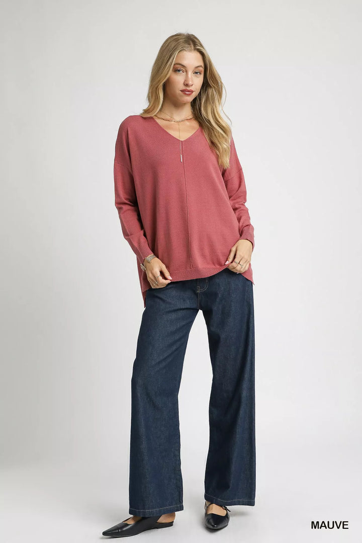 Mauve Umgee V Neck High Low Hem Knit Top With Side Slit 1