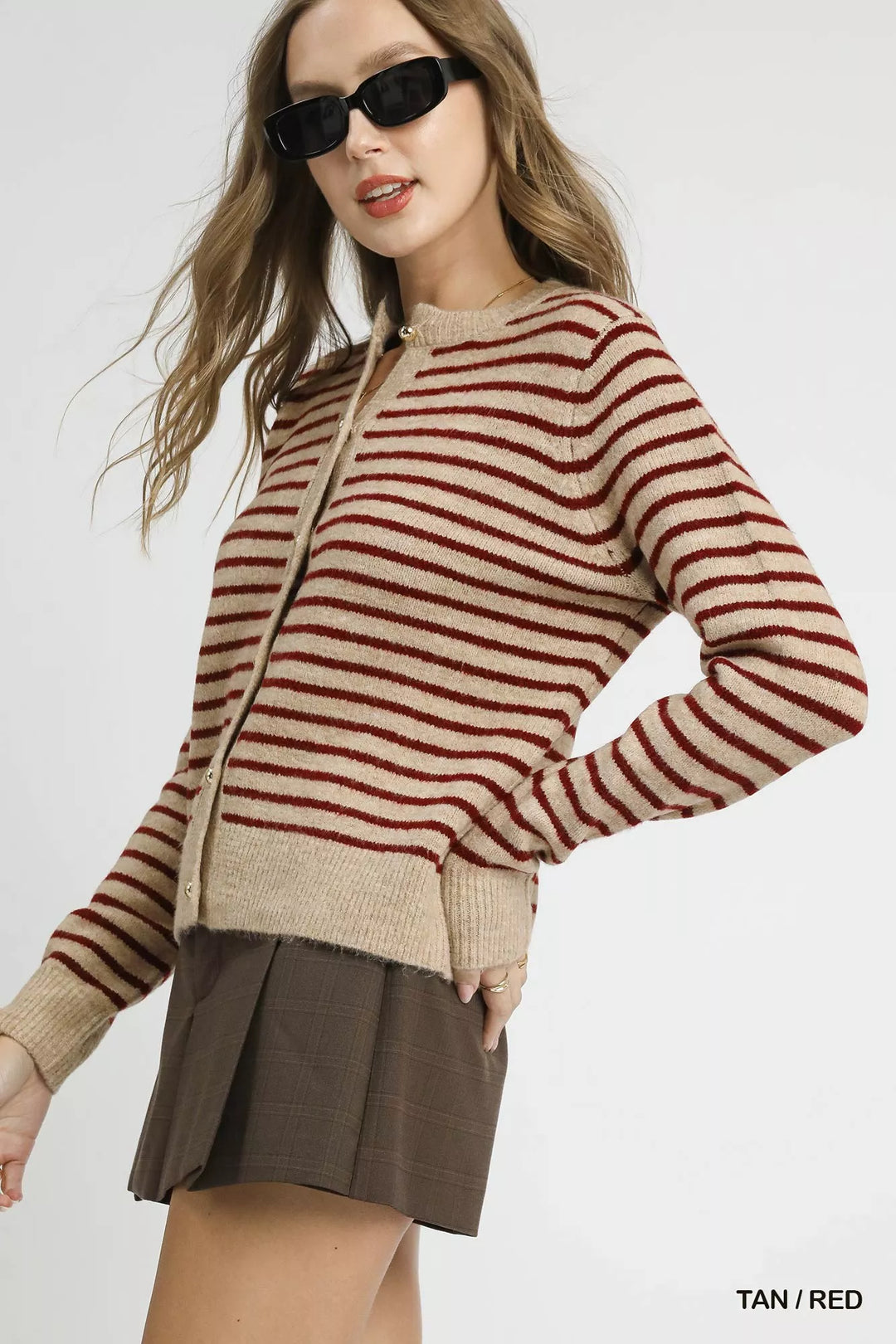 Tan / Red Umgee Striped Button Up Knit Cardigan