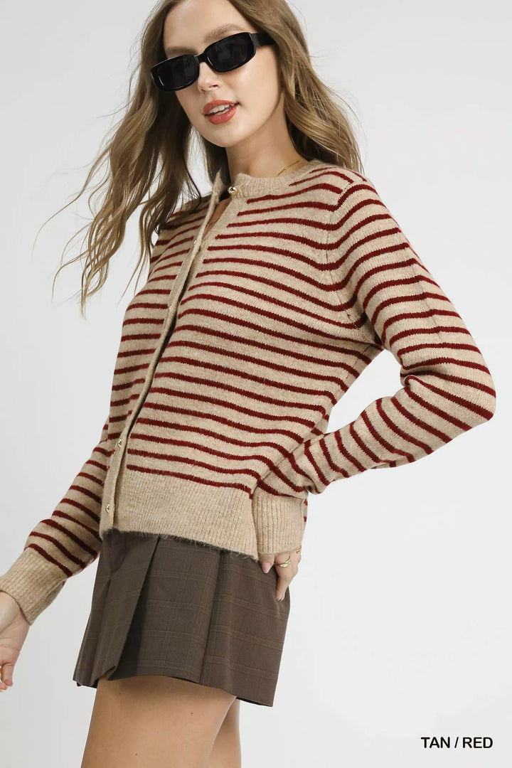 Tan / Red Umgee Striped Button Up Knit Cardigan