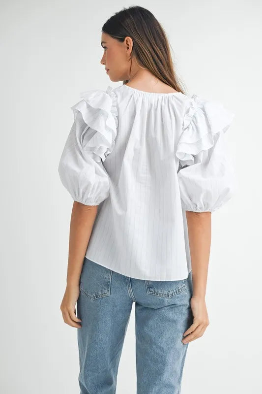 Mable Stripe Ruffle Shoulder Puff Sleeve Blouse