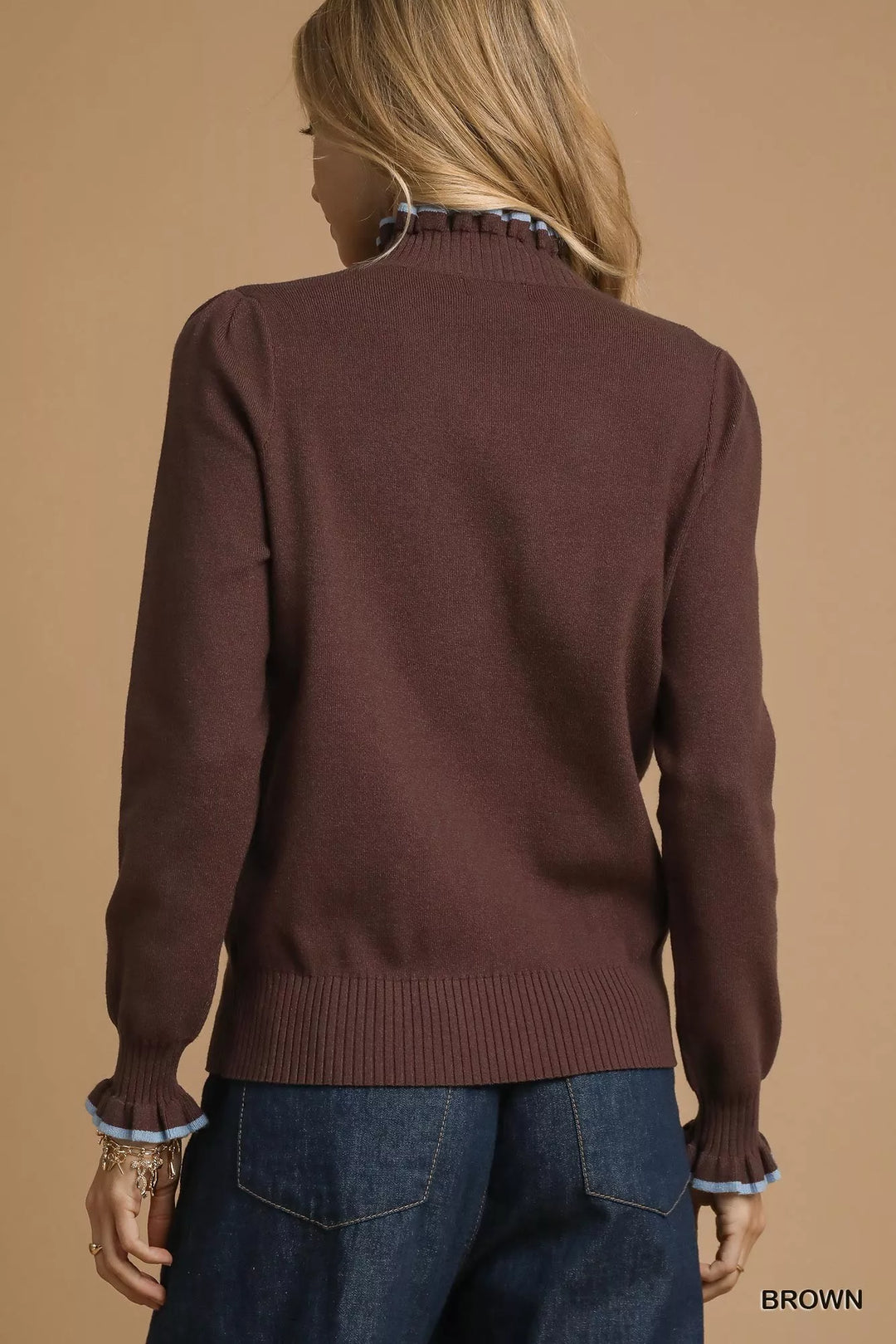 Brown Umgee Ribbed Round Neck Sweater With Ruffle Contrast Trim