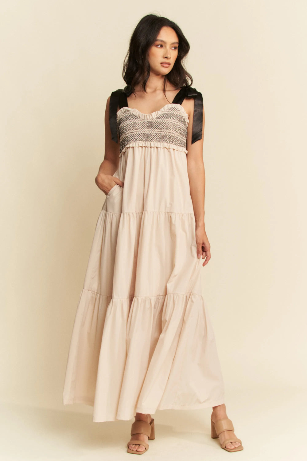 Beige Davi Dani Multi Contrast Smocked Bodice Straps Maxi Dress