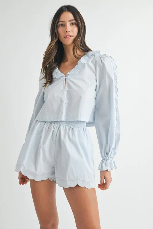Lt Blue Mable Long Sleeve Scallop Blouse And Shorts Set