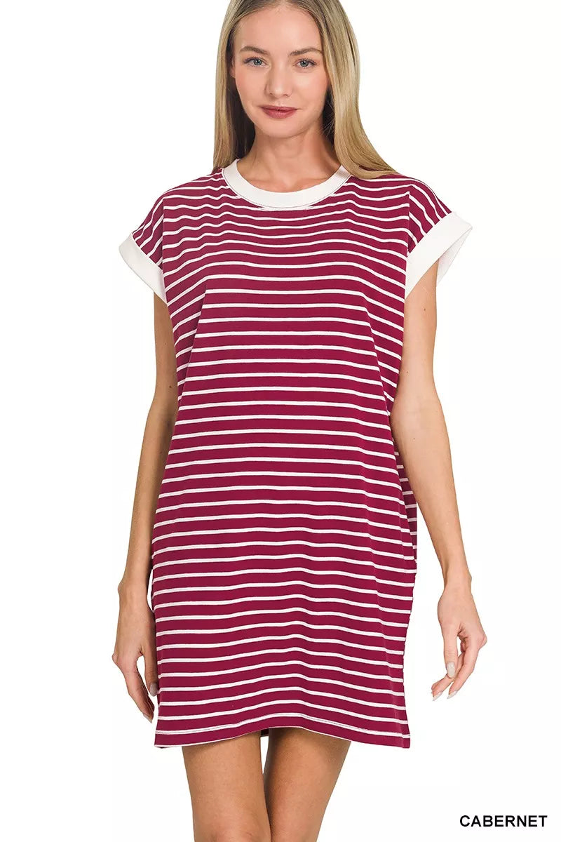 Cabernet Zenana Contrast Trim Striped T Shirts Dress