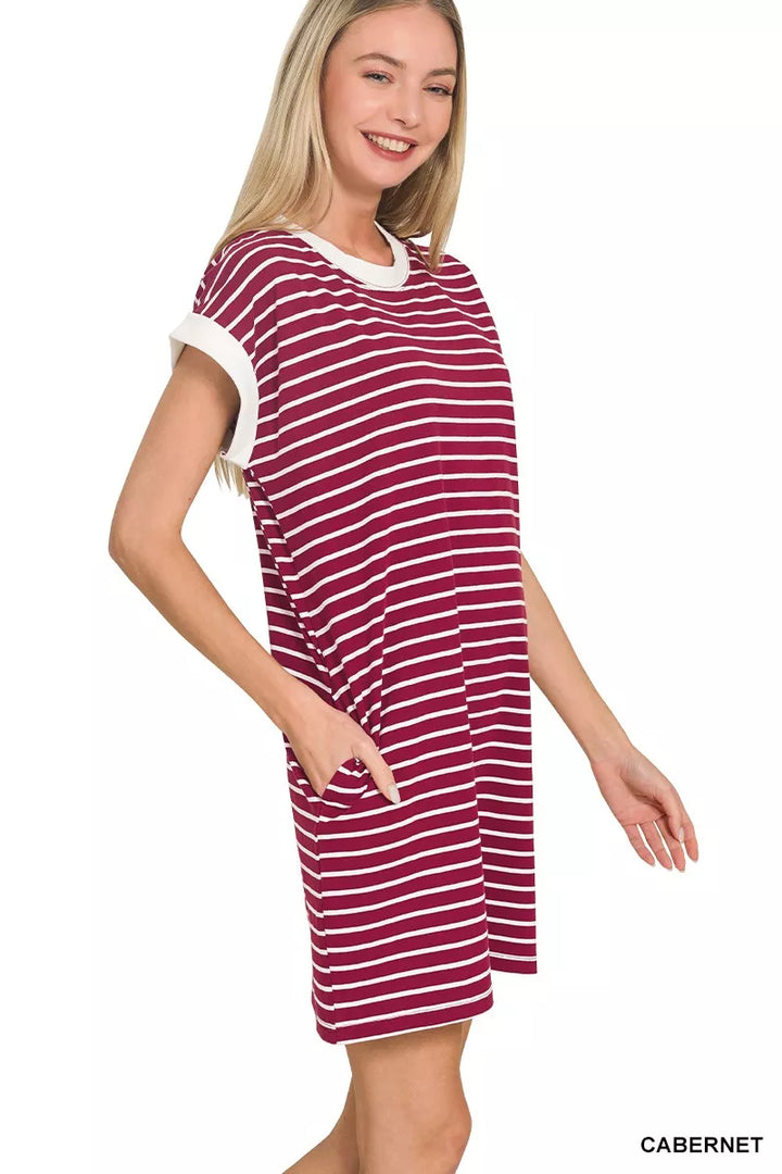 Cabernet Zenana Contrast Trim Striped T Shirts Dress