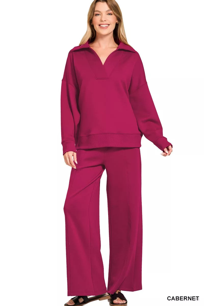 Cabernet Zenana Scuba Collared Pullover And Pants Set 1
