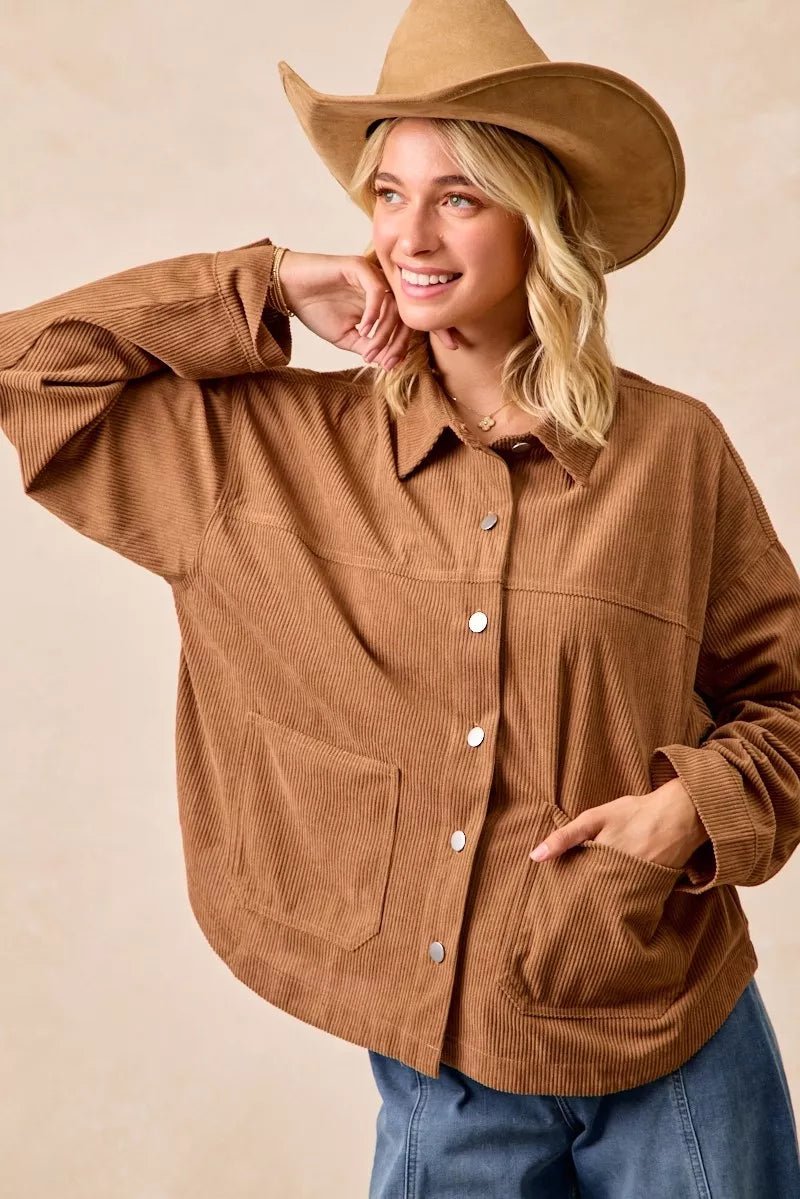 Camel Bibi Corduroy Relaxed Fit Shacket With Back Pleat