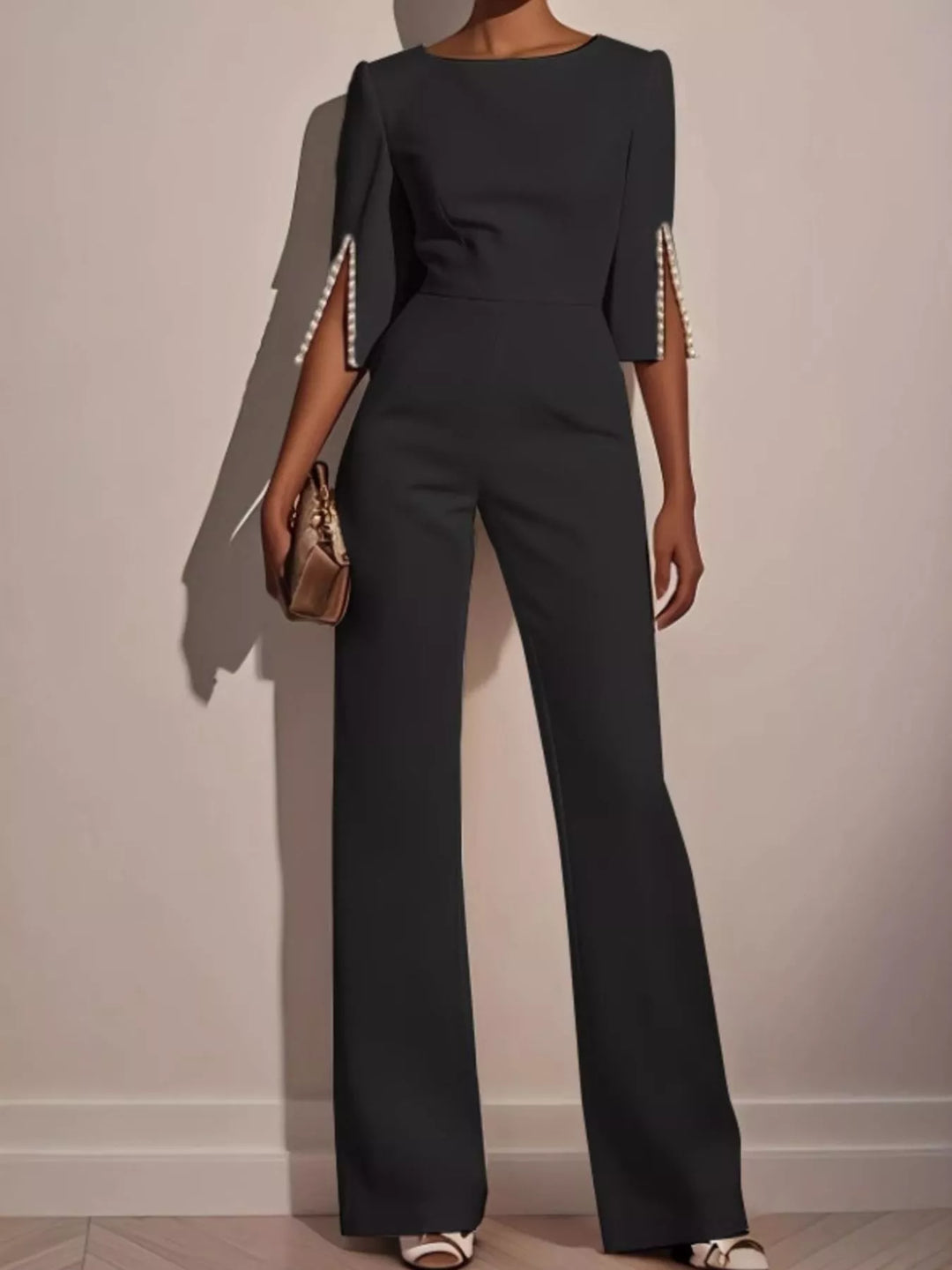 Black Wide Leg Jumpsuit With Slit Sleeve