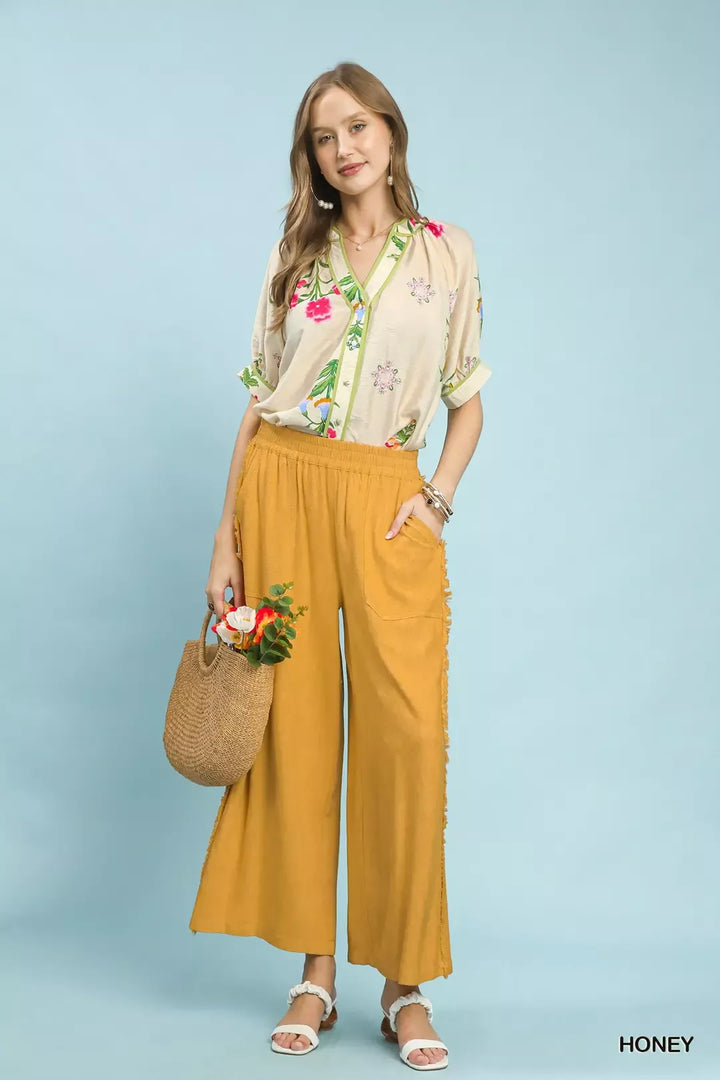Umgee Linen Frayed Side Pocket Wide Leg Pants