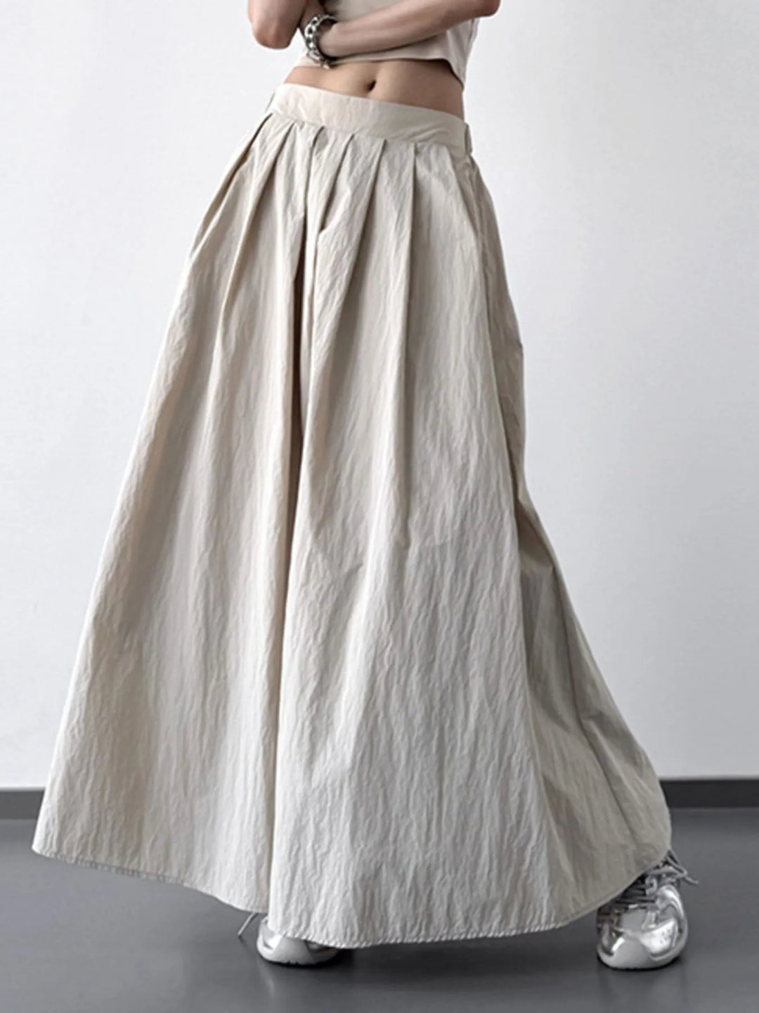 Light Khaki Pleated Linen Maxi Skirt