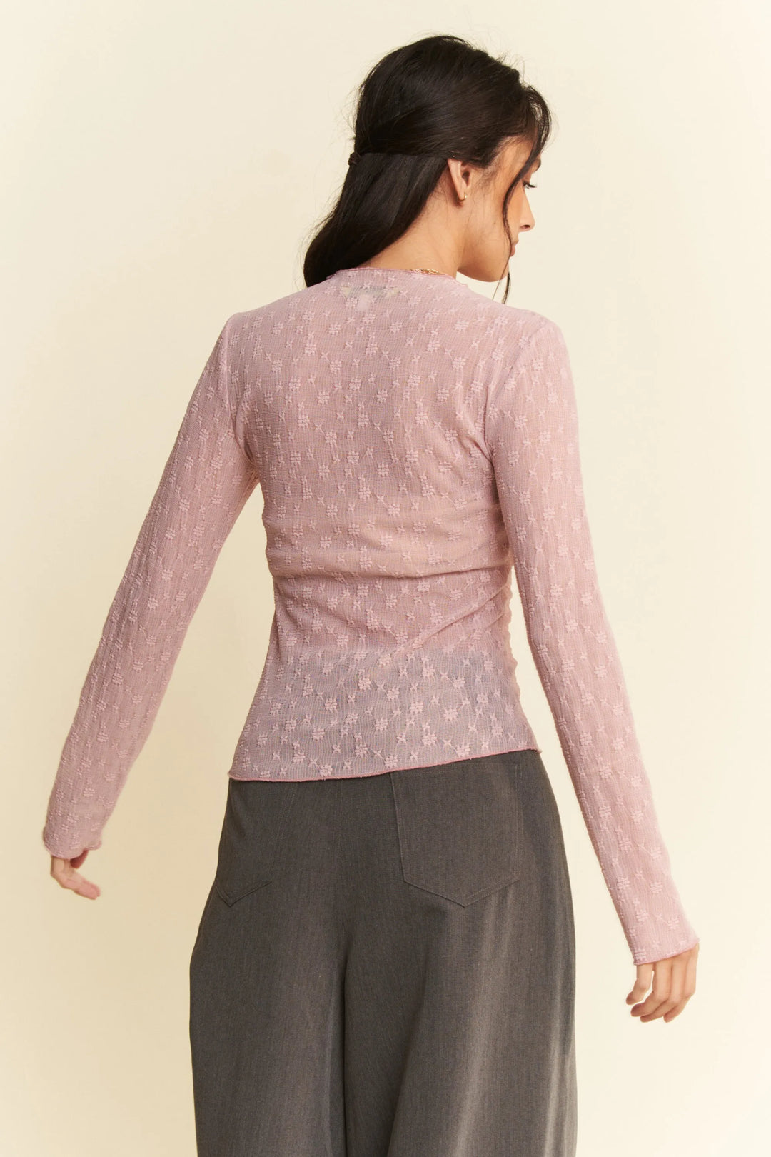 Dusty Pink Davi Dani Long Sleeve Sheer Small Embroidered Bows Lace Top