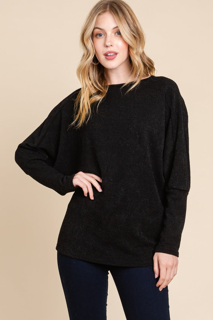 Black Bombom Drop Shoulder Long Sleeve Knit Top