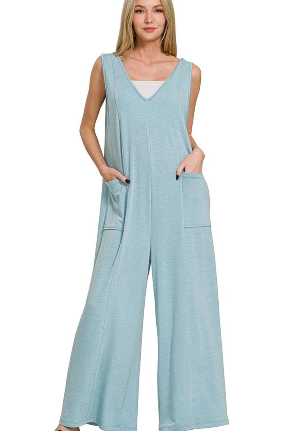 Dusty Teal Zenana French Terry Deep V Neck Jumpsuits