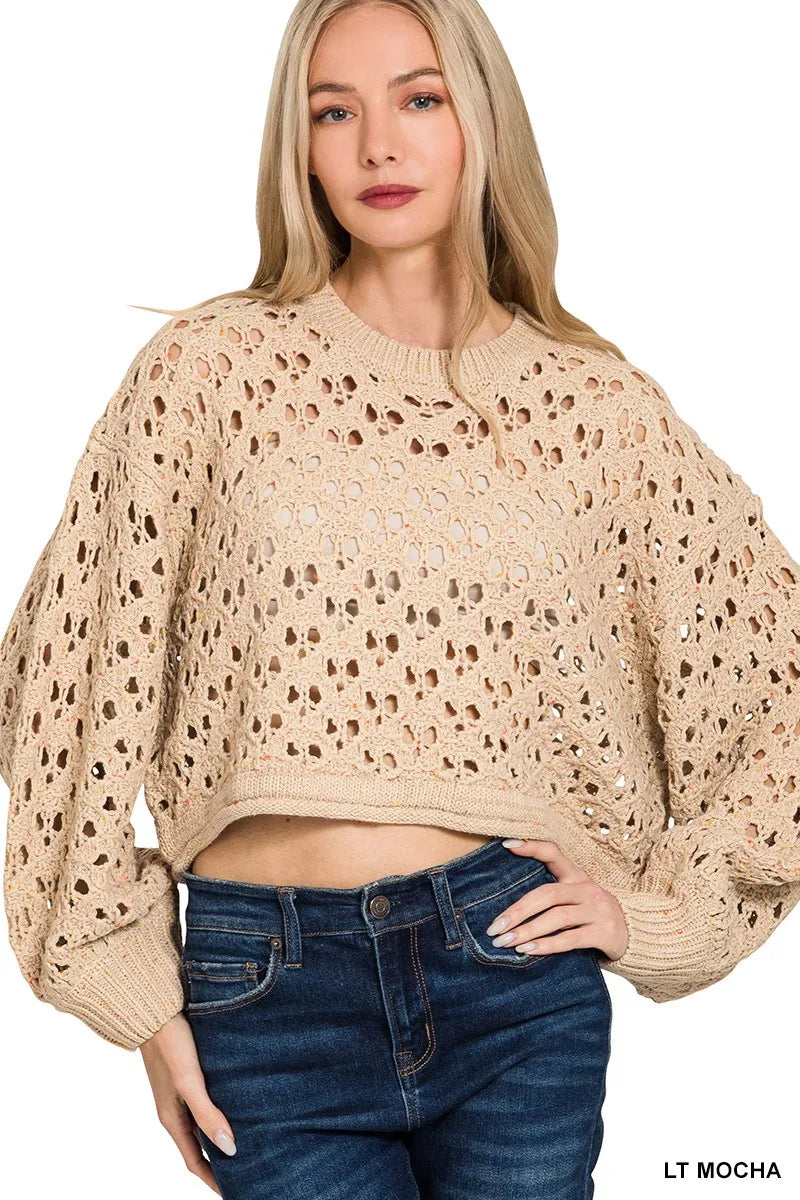 Lt Mocha Zenana Oversized Cropped Crochet Knit Sweater 1