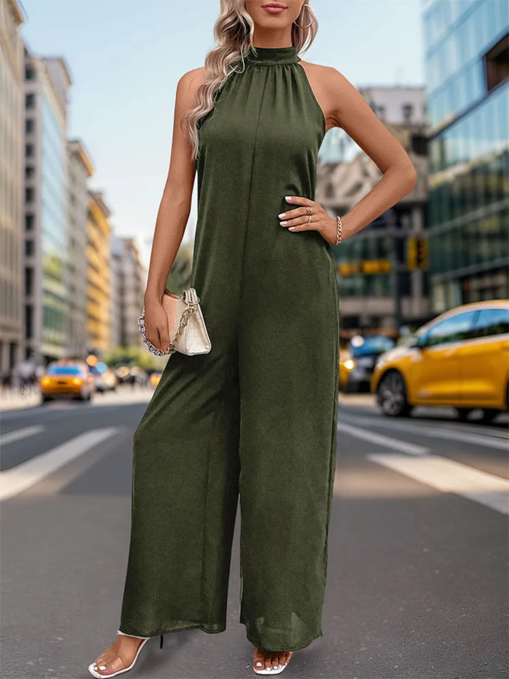 Dark Green Perfee Tied Grecian Wide Leg Jumpsuit