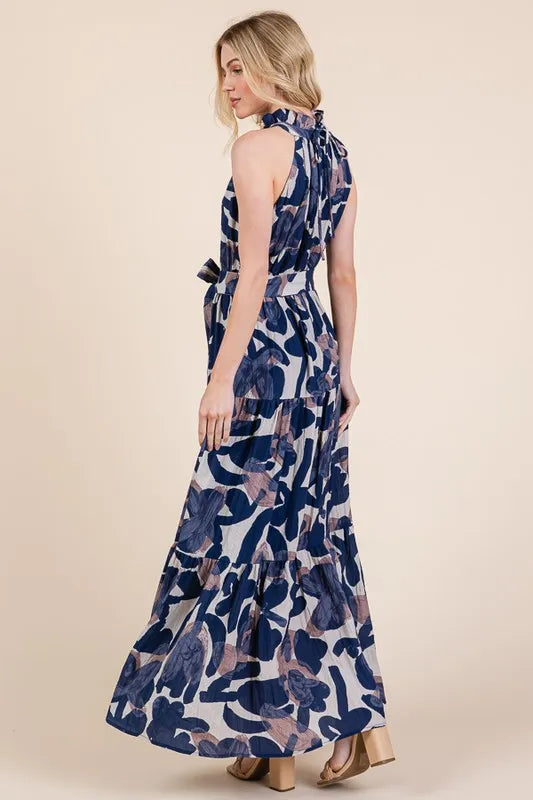 Navy Combo Lime N Chili Abstract Halter Neck Tie Waist Tiered Maxi Dress