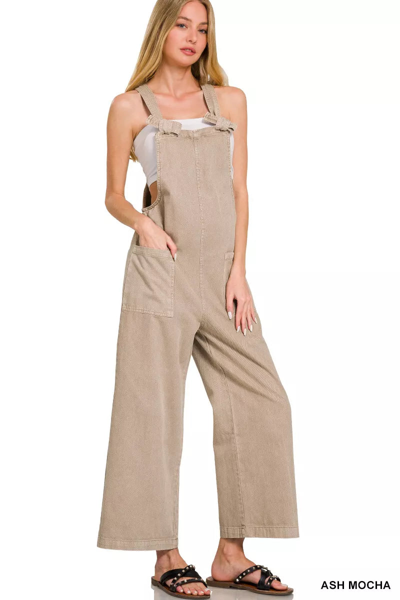 Ash Mocha Zenana Washed Knot Strap Pockets Jumpsuit 4