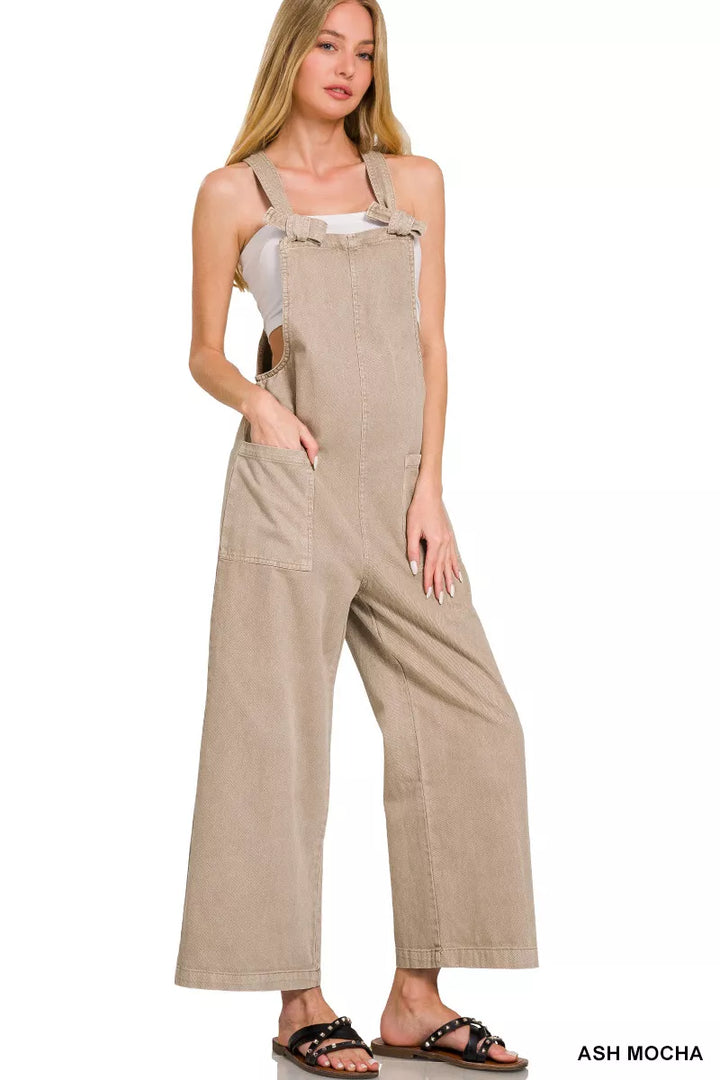 Ash Mocha Zenana Washed Knot Strap Pockets Jumpsuit 4