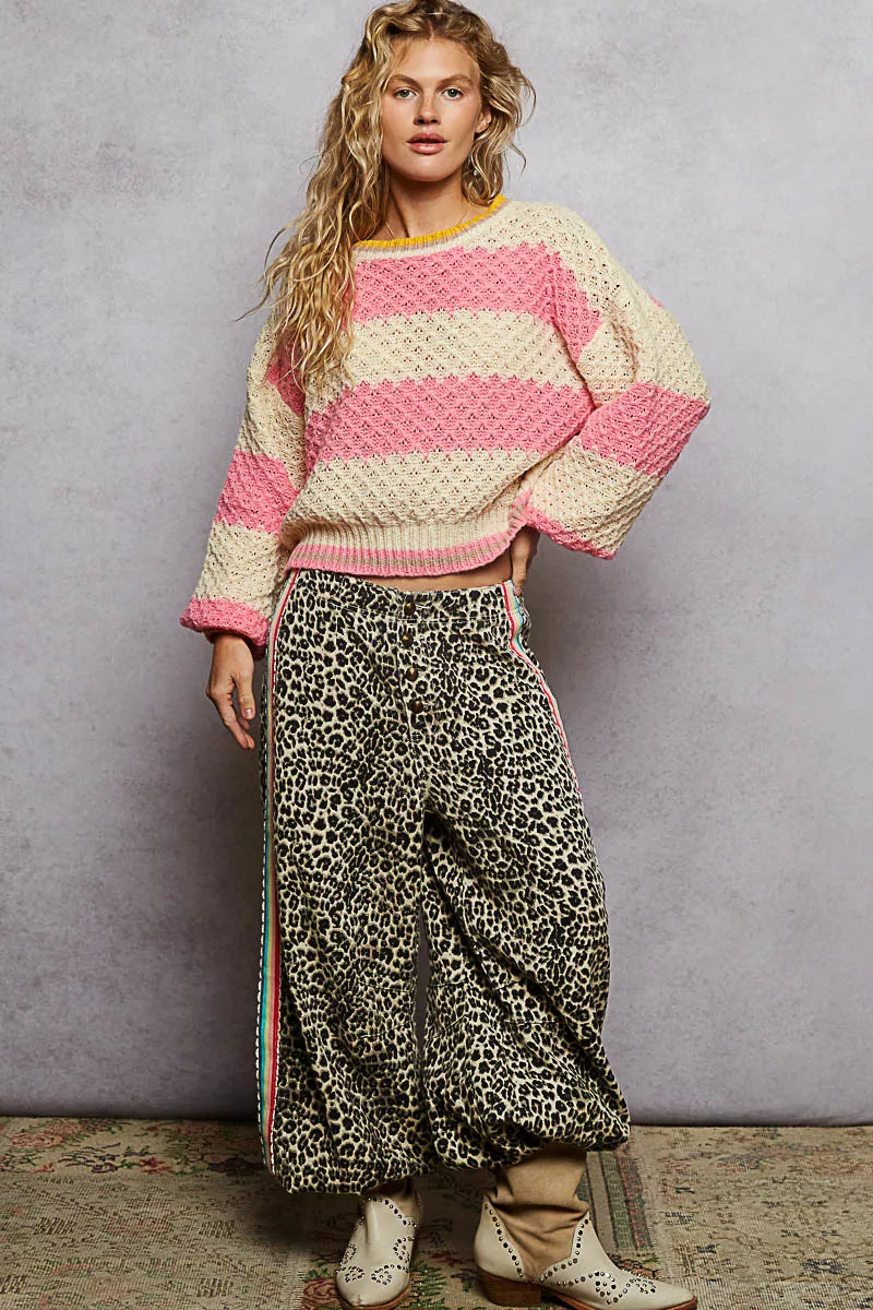 Pink Stripe Pol Contrast Striped Round Neck Sweater With Textured Cable Knit Pattern