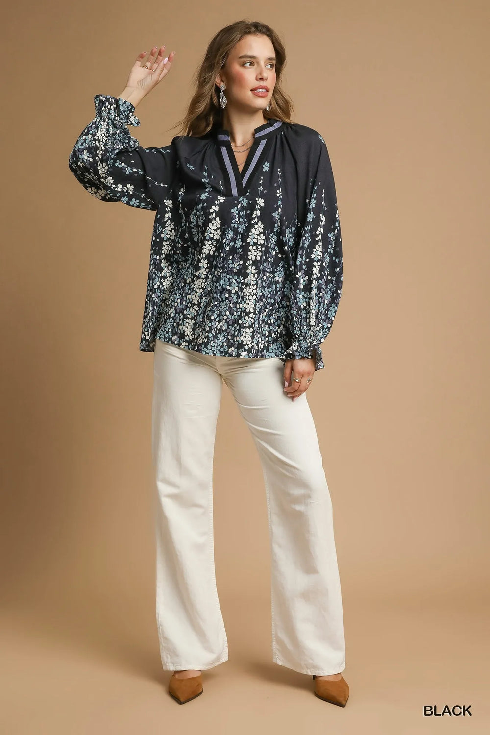 Black Umgee Full Size Floral Vine Print Blouse With Balloon Sleeves Plus Size